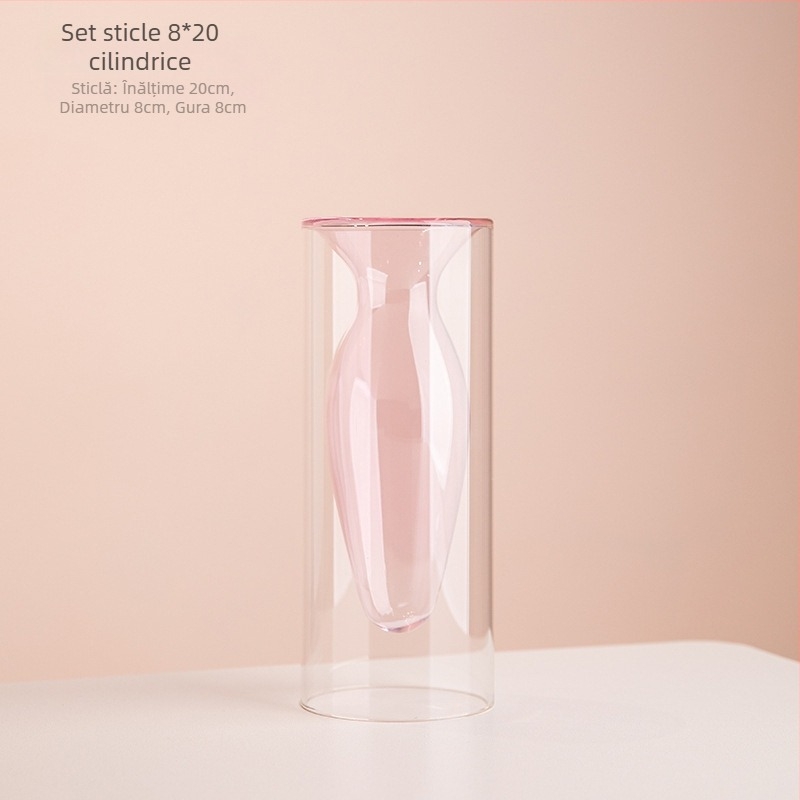 Vază din sticlă cu două straturi, design geometric, decor transparent pentru birou, semi-artizanal, stil modern de artă