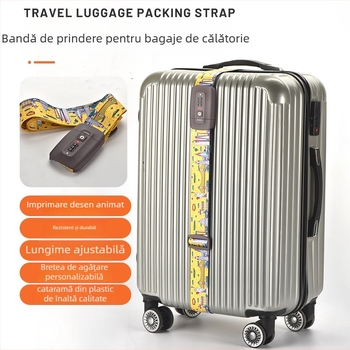 Bandă de consolidare pentru bagaje cu imprimare; Material: nylon/poliester/polipropilenă; Model: One-Word/Cross; Încuietoare: Custom Lock cu greutate TSA; Proces de imprimare: serigrafie, transfer termic, jacquard