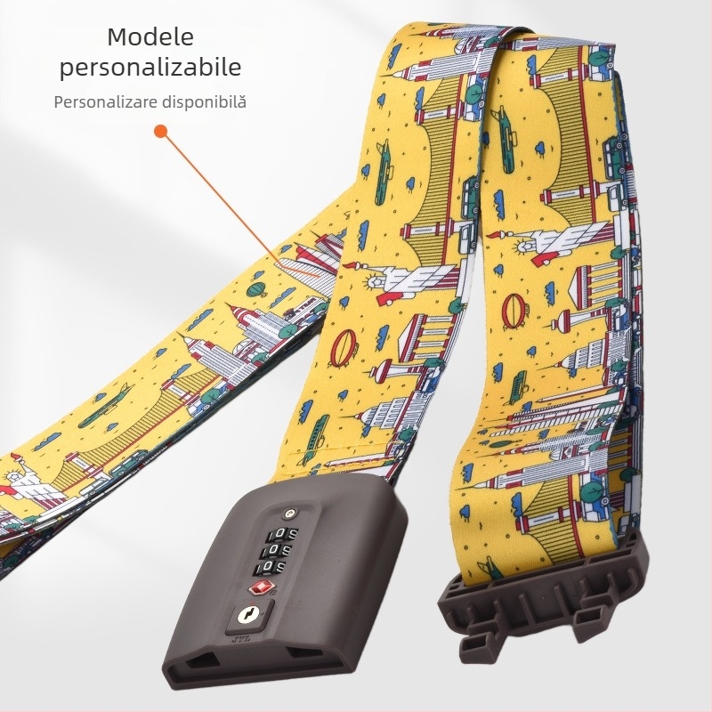 Bandă de consolidare pentru bagaje cu imprimare; Material: nylon/poliester/polipropilenă; Model: One-Word/Cross; Încuietoare: Custom Lock cu greutate TSA; Proces de imprimare: serigrafie, transfer termic, jacquard
