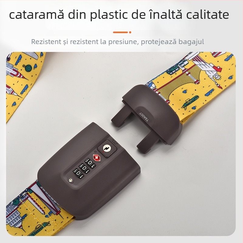 Bandă de consolidare pentru bagaje cu imprimare; Material: nylon/poliester/polipropilenă; Model: One-Word/Cross; Încuietoare: Custom Lock cu greutate TSA; Proces de imprimare: serigrafie, transfer termic, jacquard