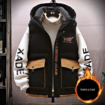 Vesta cu glugă pentru iarnă, croială lejeră, fermoar, model geometric