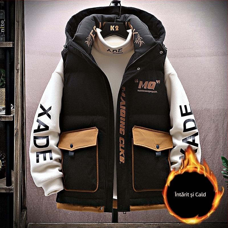 Vesta cu glugă pentru iarnă, croială lejeră, fermoar, model geometric