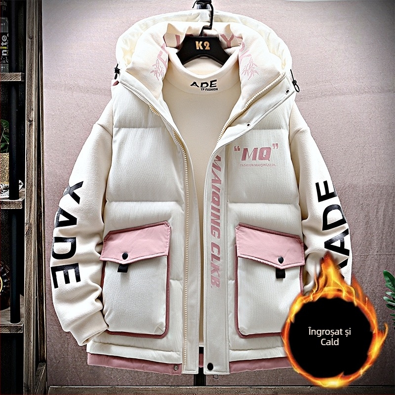 Vesta cu glugă pentru iarnă, croială lejeră, fermoar, model geometric