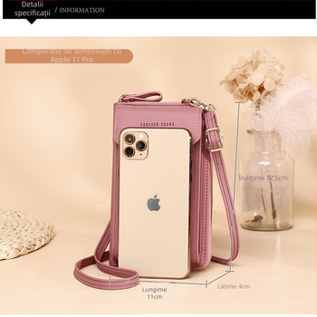 Geantă de telefon pentru femei, verticală, din PU leather, închidere cu fermoar, capacitate mare, compartimente interioare pentru carduri, ID, monede și bancnote; model SJB-001, stil street.