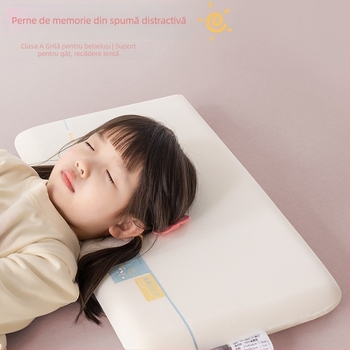 Perna din memory cotton pentru copii 3–6 ani, toate sezoanele, sprijin pentru gât, formă dreptunghiulară, înălțime 5–10 cm, țesătură poliester