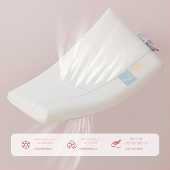Perna din memory cotton pentru copii 3–6 ani, toate sezoanele, sprijin pentru gât, formă dreptunghiulară, înălțime 5–10 cm, țesătură poliester