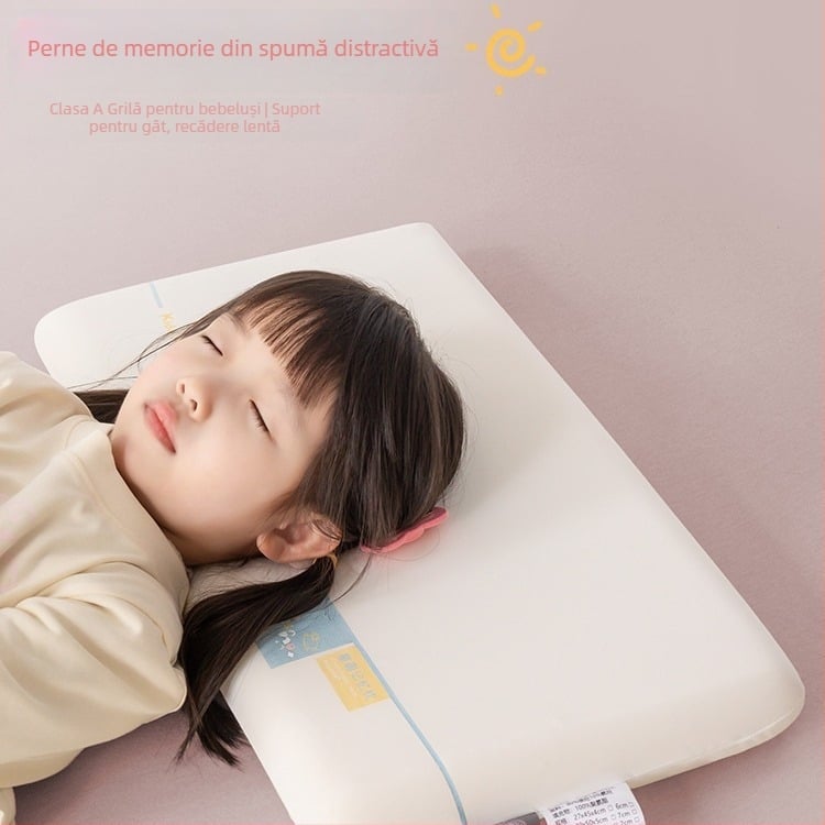 Perna din memory cotton pentru copii 3–6 ani, toate sezoanele, sprijin pentru gât, formă dreptunghiulară, înălțime 5–10 cm, țesătură poliester