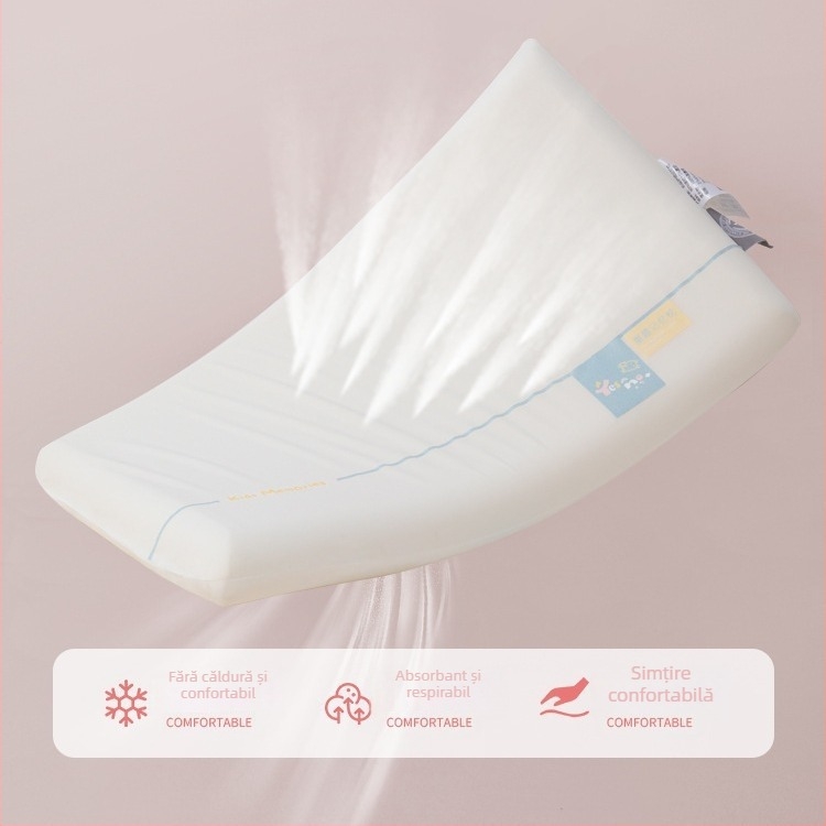 Perna din memory cotton pentru copii 3–6 ani, toate sezoanele, sprijin pentru gât, formă dreptunghiulară, înălțime 5–10 cm, țesătură poliester