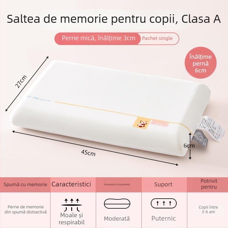 Perna din memory cotton pentru copii 3–6 ani, toate sezoanele, sprijin pentru gât, formă dreptunghiulară, înălțime 5–10 cm, țesătură poliester