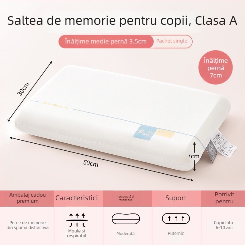Perna din memory cotton pentru copii 3–6 ani, toate sezoanele, sprijin pentru gât, formă dreptunghiulară, înălțime 5–10 cm, țesătură poliester