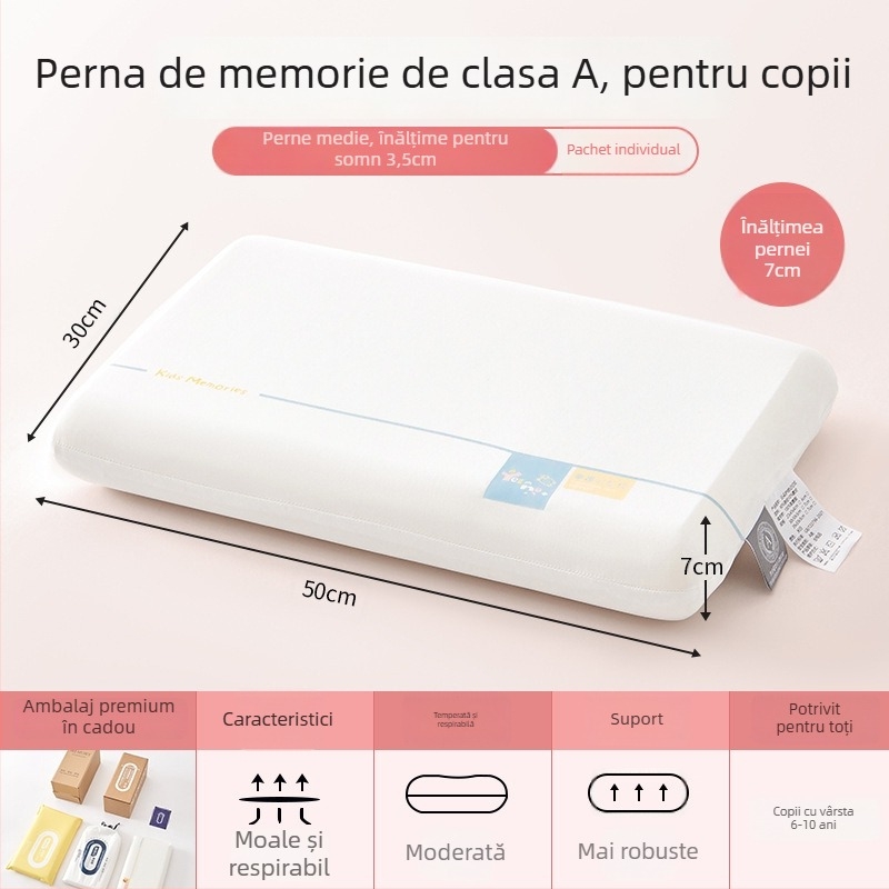 Perna din memory cotton pentru copii 3–6 ani, toate sezoanele, sprijin pentru gât, formă dreptunghiulară, înălțime 5–10 cm, țesătură poliester