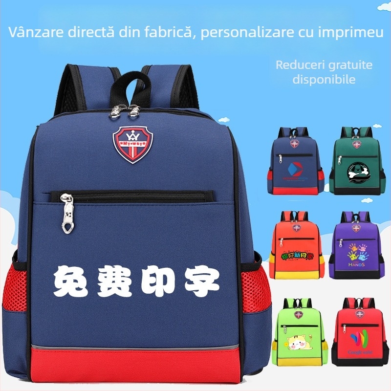 Rucsac școlar pentru elevi clasele I–II, cu logo personalizat, din pânză Oxford, impermeabil, rezistent, bretele cu pernă de aer, model color-block.