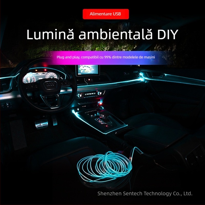 Lumină ambientală LED pentru interiorul mașinii, material EL, lumină rece, IP67, 3W, 3-12V