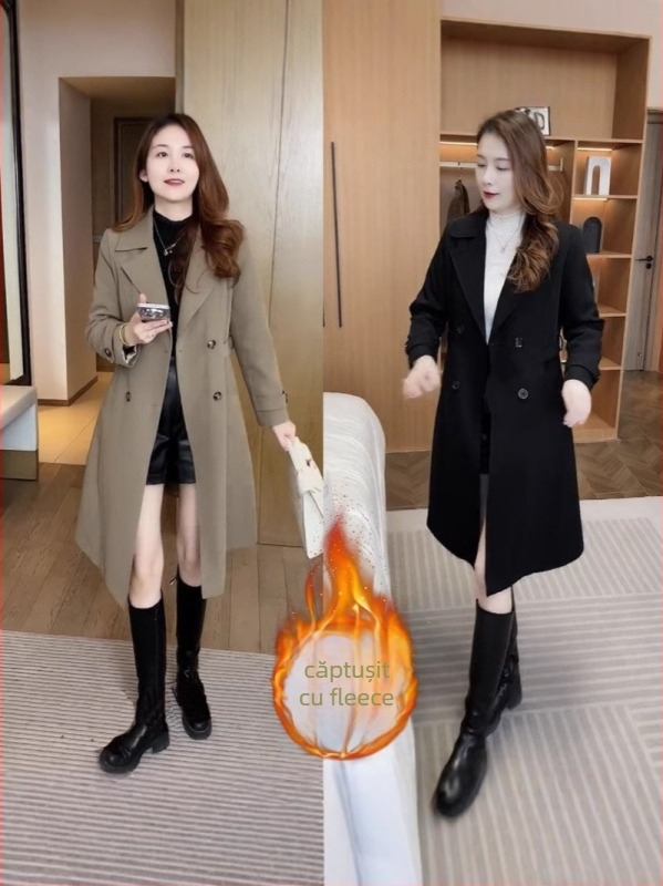 Paltonă damă cu căptușeală fleece, lungime medie, croială lejeră, poliester, grosime medie, nasturi dublu-rând