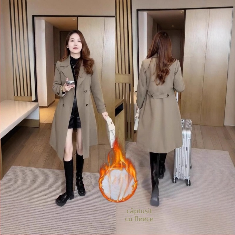 Paltonă damă cu căptușeală fleece, lungime medie, croială lejeră, poliester, grosime medie, nasturi dublu-rând