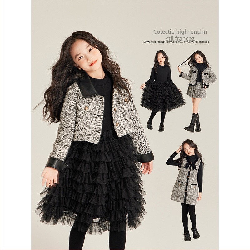 AMYBABY Fustă pentru fetițe – din bumbac, fustă tip tort, stil Chanel inspirat, Iarnă 2024, pentru copii între 3 și 8 ani