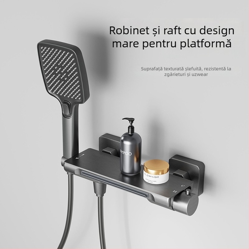 Set baterie pentru cadă montat pe perete, cu duș, corp din cupru, control temperatură, duș tip cascadă, model XZ-92, supapă ceramică, intrare/ieșire universală cu 4 prize, CE
