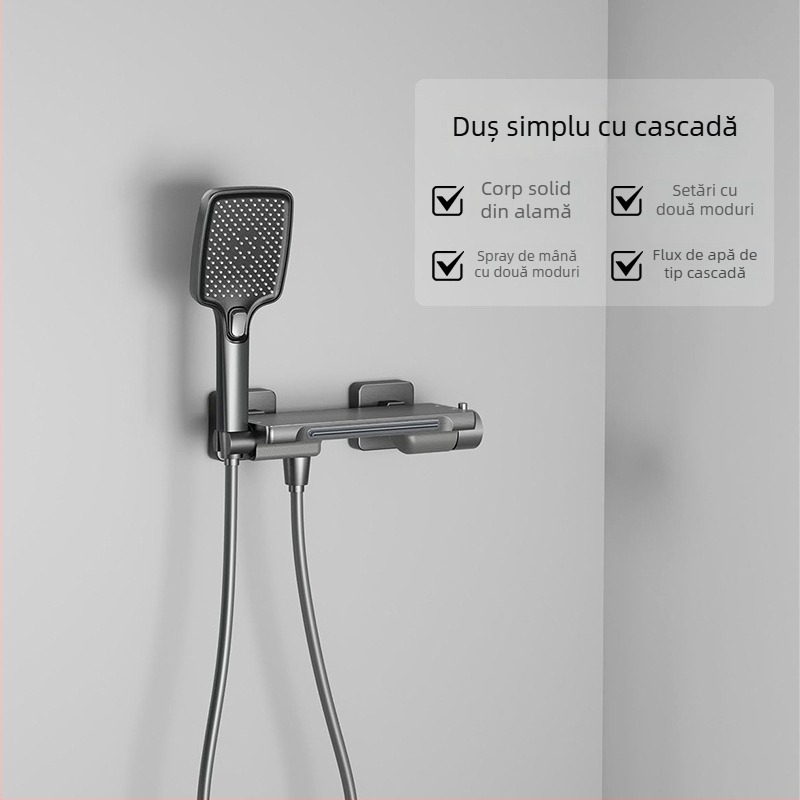 Set baterie pentru cadă montat pe perete, cu duș, corp din cupru, control temperatură, duș tip cascadă, model XZ-92, supapă ceramică, intrare/ieșire universală cu 4 prize, CE