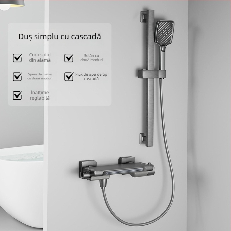 Set baterie pentru cadă montat pe perete, cu duș, corp din cupru, control temperatură, duș tip cascadă, model XZ-92, supapă ceramică, intrare/ieșire universală cu 4 prize, CE
