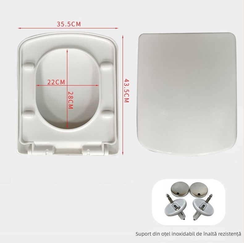Capac de toaletă cu două butoane, închidere silențioasă, placă groasă PP, formă pătrată, distanță între găuri reglabilă 11–17 cm