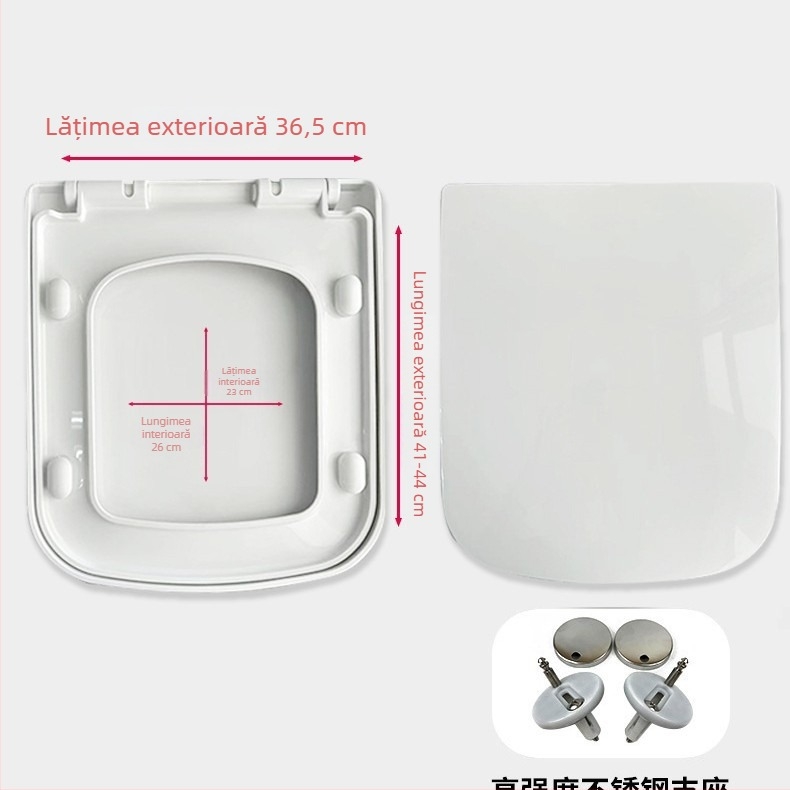 Capac de toaletă cu două butoane, închidere silențioasă, placă groasă PP, formă pătrată, distanță între găuri reglabilă 11–17 cm