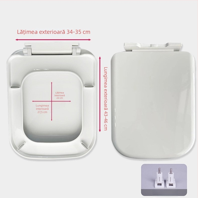 Capac de toaletă cu două butoane, închidere silențioasă, placă groasă PP, formă pătrată, distanță între găuri reglabilă 11–17 cm