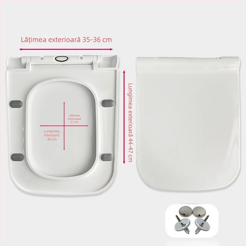 Capac de toaletă cu două butoane, închidere silențioasă, placă groasă PP, formă pătrată, distanță între găuri reglabilă 11–17 cm