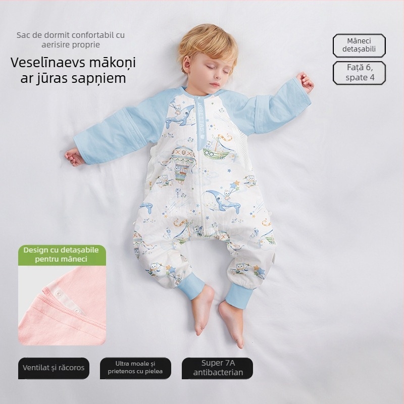 Sac de dormit pentru bebeluși cu design cu picioare separate, material exterior din fibre de bambus, căptușeală din bumbac, umplutură din fibre reciclate 70%