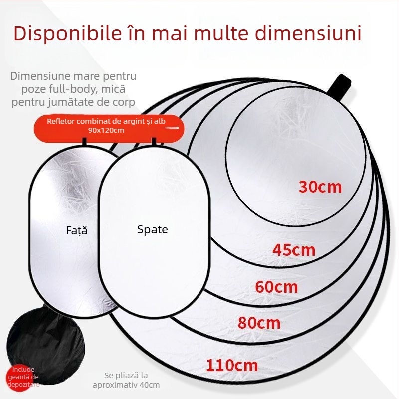 Reflector de iluminare pliabil, portabil — panou mare de lumină pentru fotografie și machiaj, pentru transmisiuni live în interior/exterior, călătorii și camping