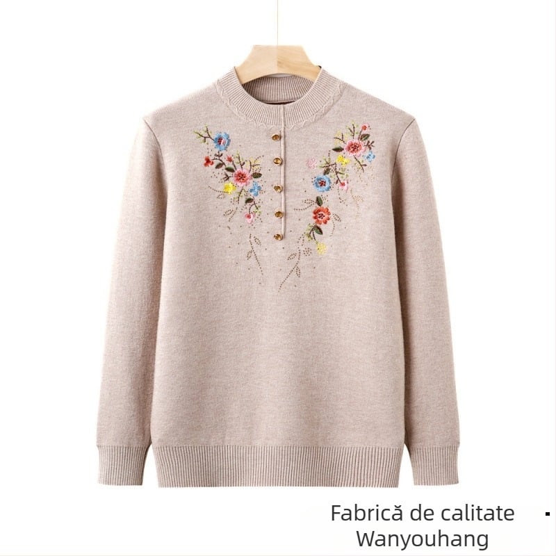 Pulover damă din tricot velur cu broderie florală, poliester, guler rotund, mâneci lungi, croială largă, toamnă-iarnă casual