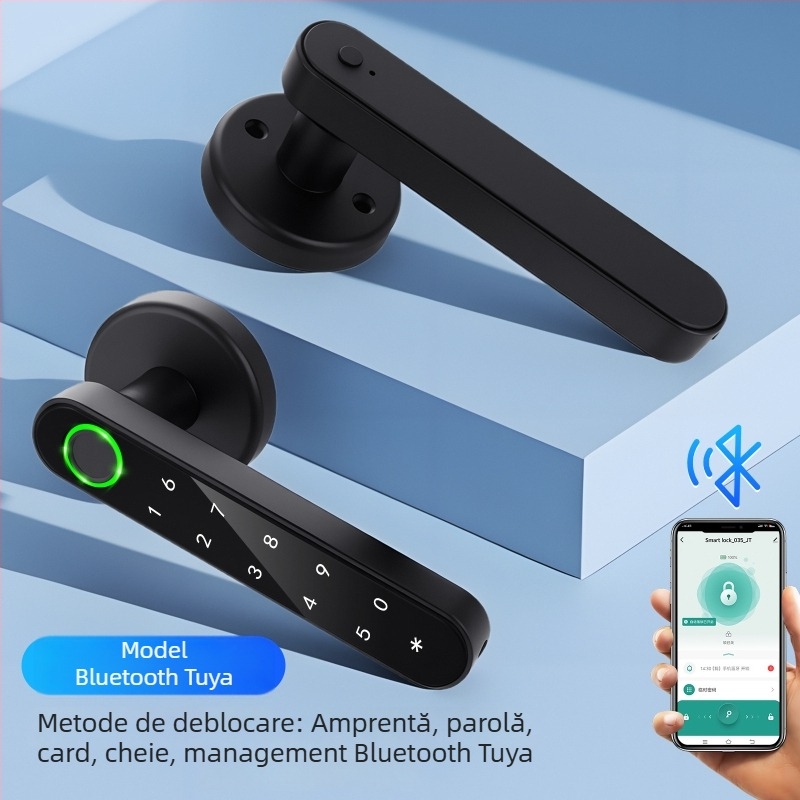 Încuietoare inteligentă cu amprentă pentru uși din lemn, cu parolă electronică și deblocare la distanță Bluetooth; stocare amprente: 200; alimentare DC; verificare 1:1; instalare fără găuri; potrivită pentru dormitor, uși din lemn și cadre din aluminiu
