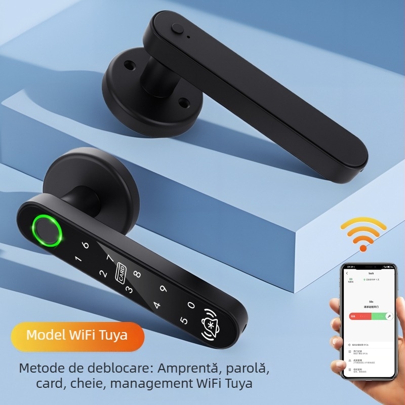 Încuietoare inteligentă cu amprentă pentru uși din lemn, cu parolă electronică și deblocare la distanță Bluetooth; stocare amprente: 200; alimentare DC; verificare 1:1; instalare fără găuri; potrivită pentru dormitor, uși din lemn și cadre din aluminiu