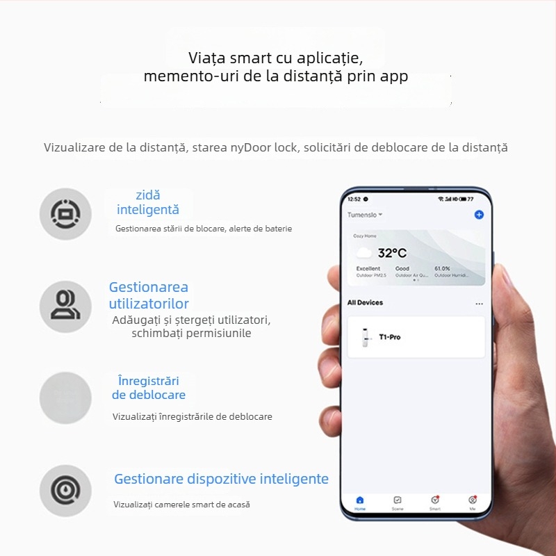 Încuietoare inteligentă cu amprentă, card și parolă pentru ușă din lemn, model A1 Locking, peste 100000 de deblocări, scanare în 0,1 s, rată de recunoaștere falsă <0,001%