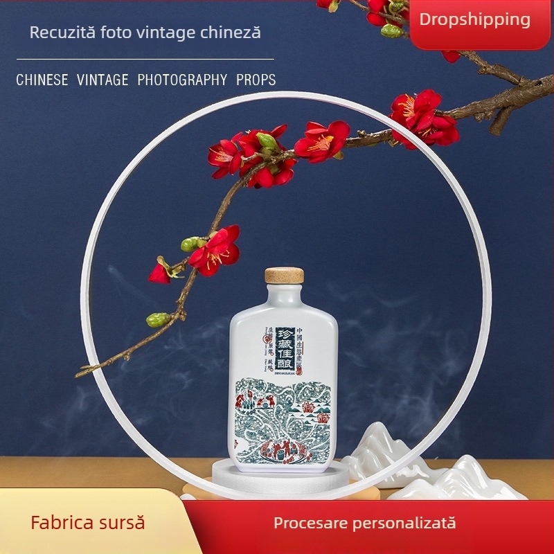 Flori artificiale de prune – stil chinezesc, accesorii pentru fotografie culinară, set cu fundal vintage