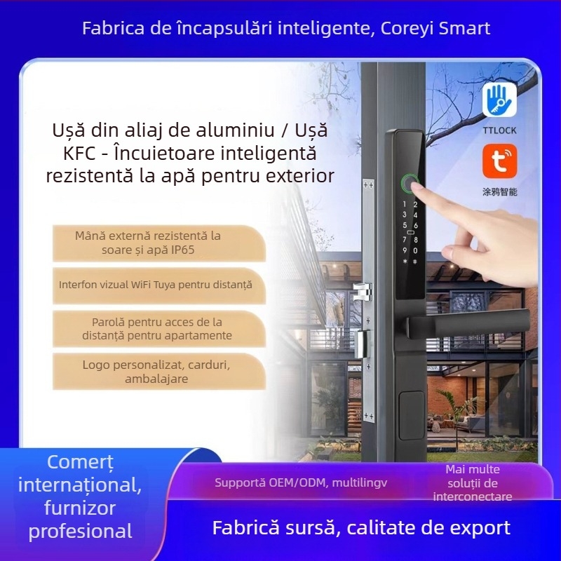 Blocare cu amprentă impermeabilă pentru uși glisante din aluminiu, margine îngustă și vizor optic