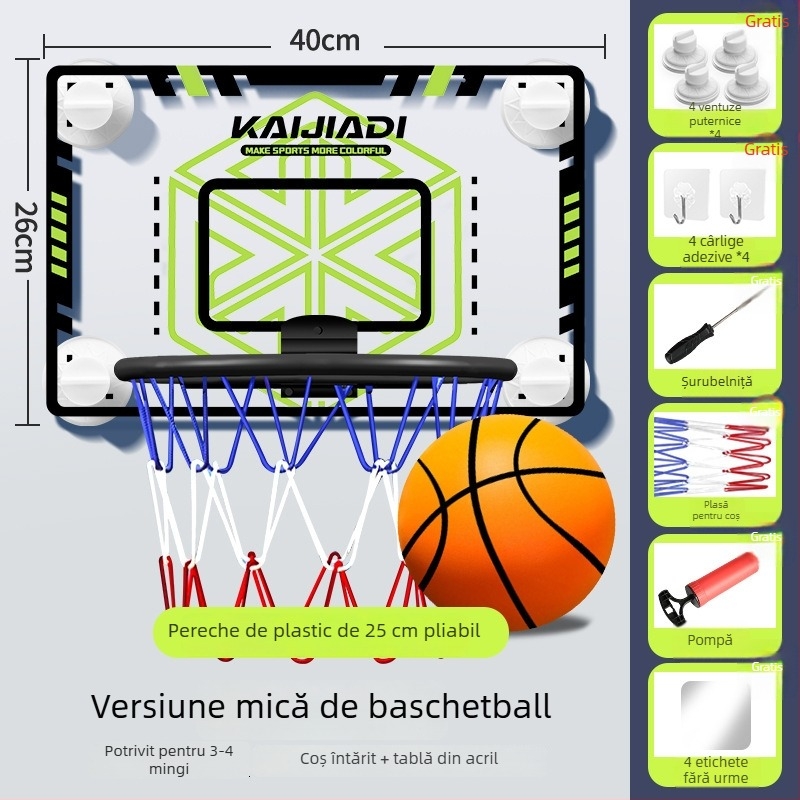 Coș de baschet cu panou pentru copii, montat pe perete – fără găuri, PVC, 0,5–3 kg, interior/exterior, silențios