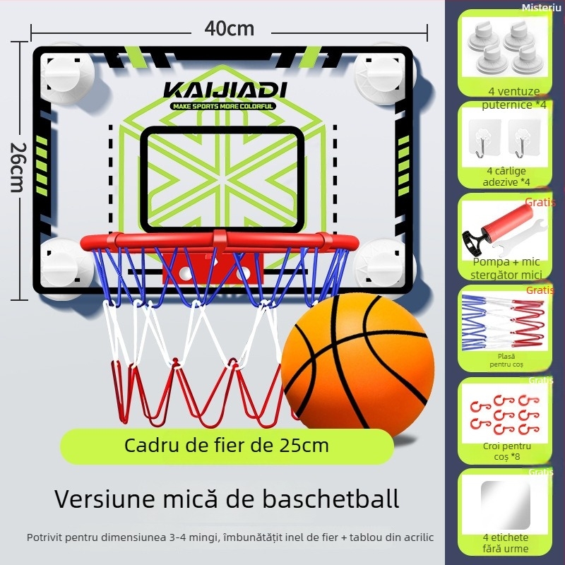 Coș de baschet cu panou pentru copii, montat pe perete – fără găuri, PVC, 0,5–3 kg, interior/exterior, silențios