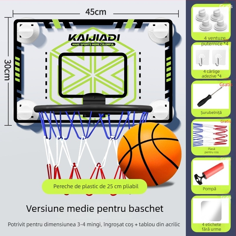 Coș de baschet cu panou pentru copii, montat pe perete – fără găuri, PVC, 0,5–3 kg, interior/exterior, silențios