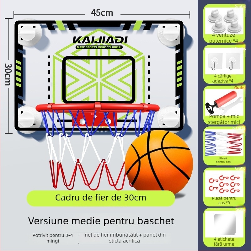 Coș de baschet cu panou pentru copii, montat pe perete – fără găuri, PVC, 0,5–3 kg, interior/exterior, silențios