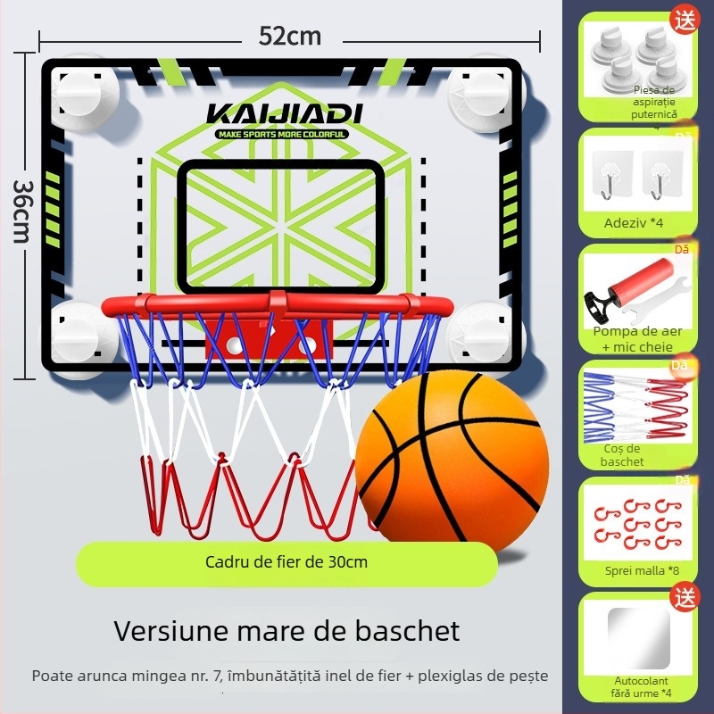 Coș de baschet cu panou pentru copii, montat pe perete – fără găuri, PVC, 0,5–3 kg, interior/exterior, silențios
