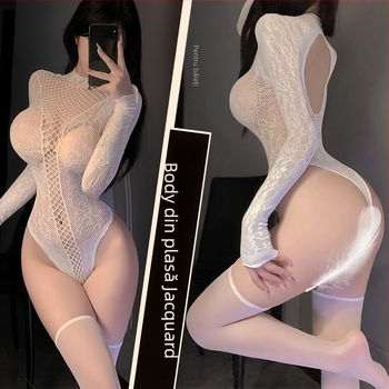 Feimu bodysuit din plasaj jacquard, mâneci lungi, cu ciorapi – decupaj