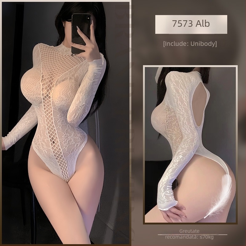 Feimu bodysuit din plasaj jacquard, mâneci lungi, cu ciorapi – decupaj