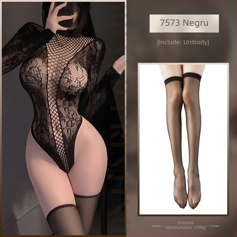 Feimu bodysuit din plasaj jacquard, mâneci lungi, cu ciorapi – decupaj