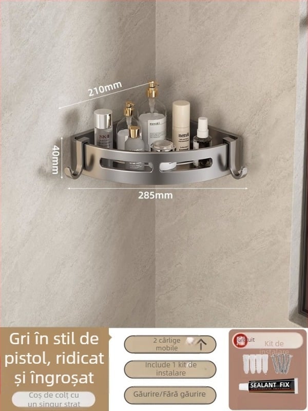 Raft triunghiular pentru baie, montat pe perete – aliaj de aluminiu, suprafață din plastic pulverizat, sarcină 10 kg, 1–3 etaje, stil lux ușor