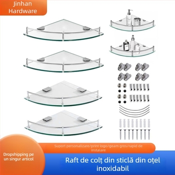 Raft triunghiular de baie din sticlă, montaj pe perete în colț, unic nivel, finisaj lucios, încărcare 1–5 kg