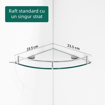 Raft triunghiular de baie din sticlă, montaj pe perete în colț, unic nivel, finisaj lucios, încărcare 1–5 kg