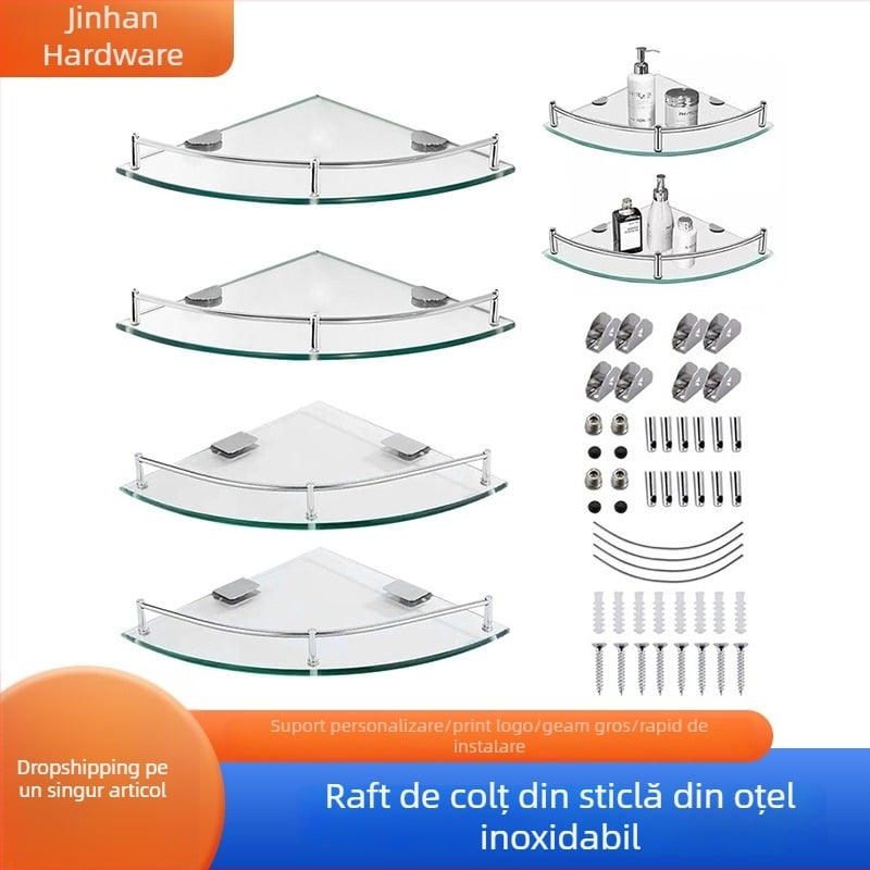 Raft triunghiular de baie din sticlă, montaj pe perete în colț, unic nivel, finisaj lucios, încărcare 1–5 kg
