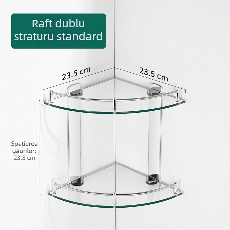 Raft triunghiular de baie din sticlă, montaj pe perete în colț, unic nivel, finisaj lucios, încărcare 1–5 kg