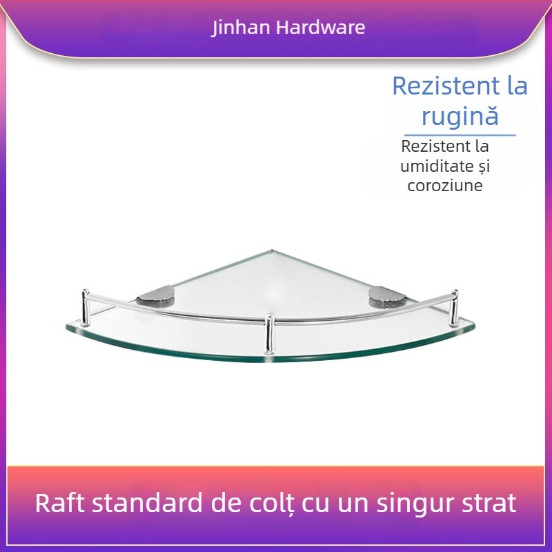 Raft triunghiular de baie din sticlă, montaj pe perete în colț, unic nivel, finisaj lucios, încărcare 1–5 kg