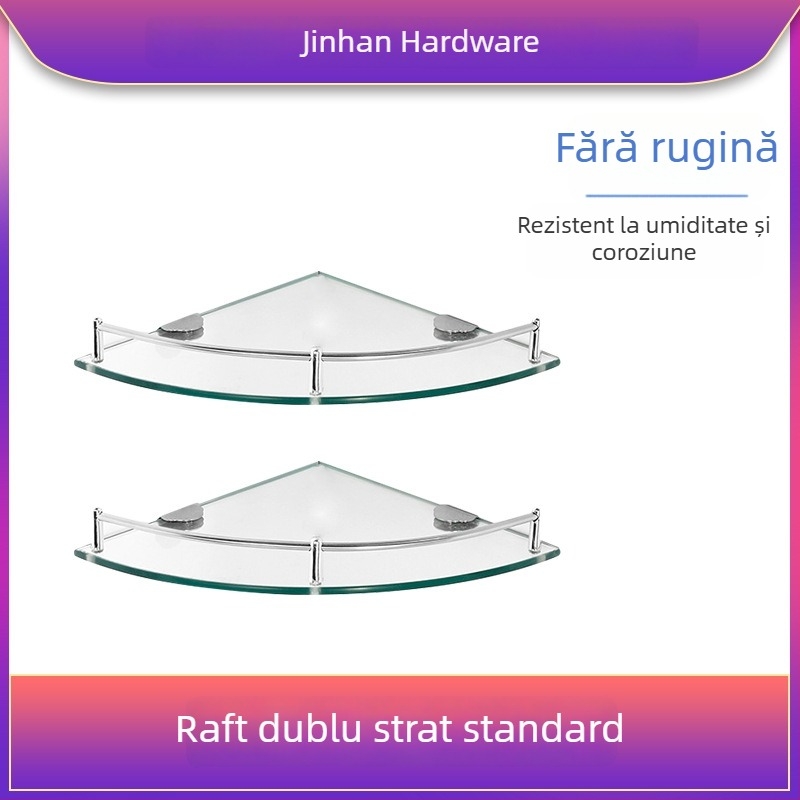 Raft triunghiular de baie din sticlă, montaj pe perete în colț, unic nivel, finisaj lucios, încărcare 1–5 kg